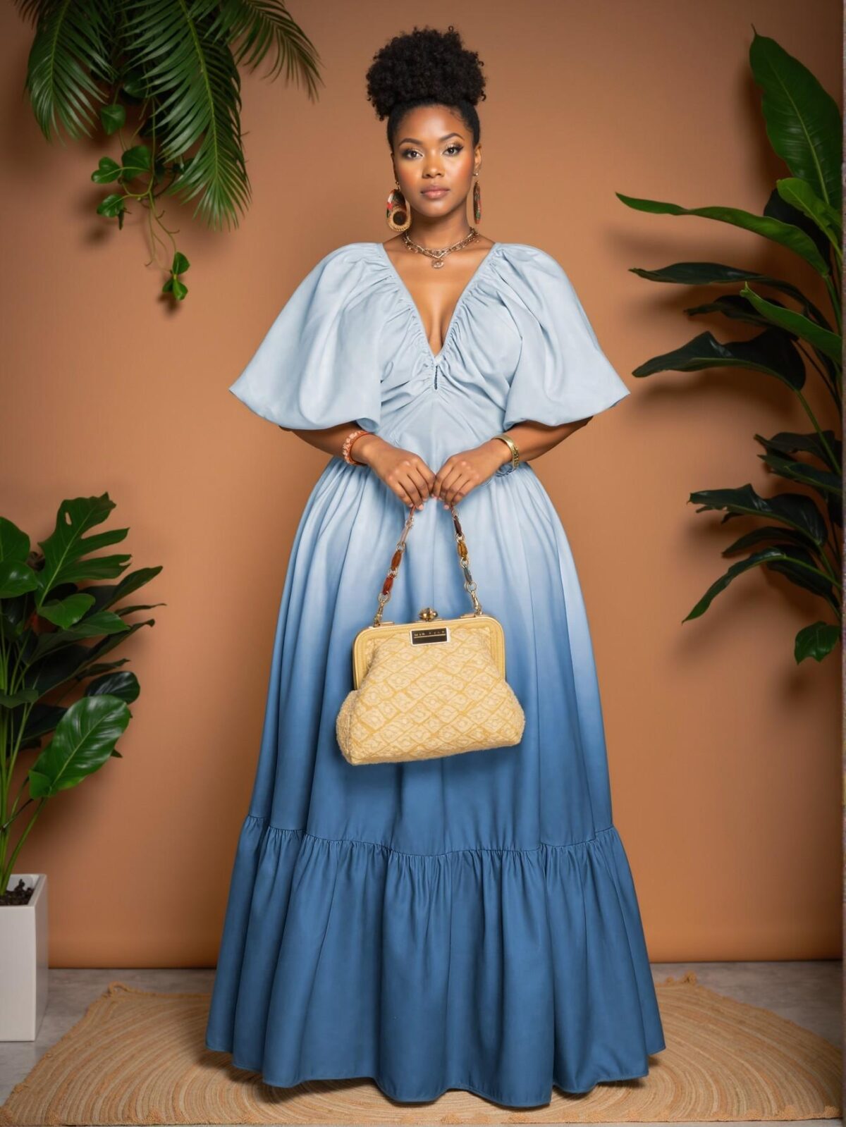 Elegant Multicolor Ombre Deep V Neck Ruched Short Sleeve Dress Chic, Classy and Trendy Fashion Style to Dress to Impress