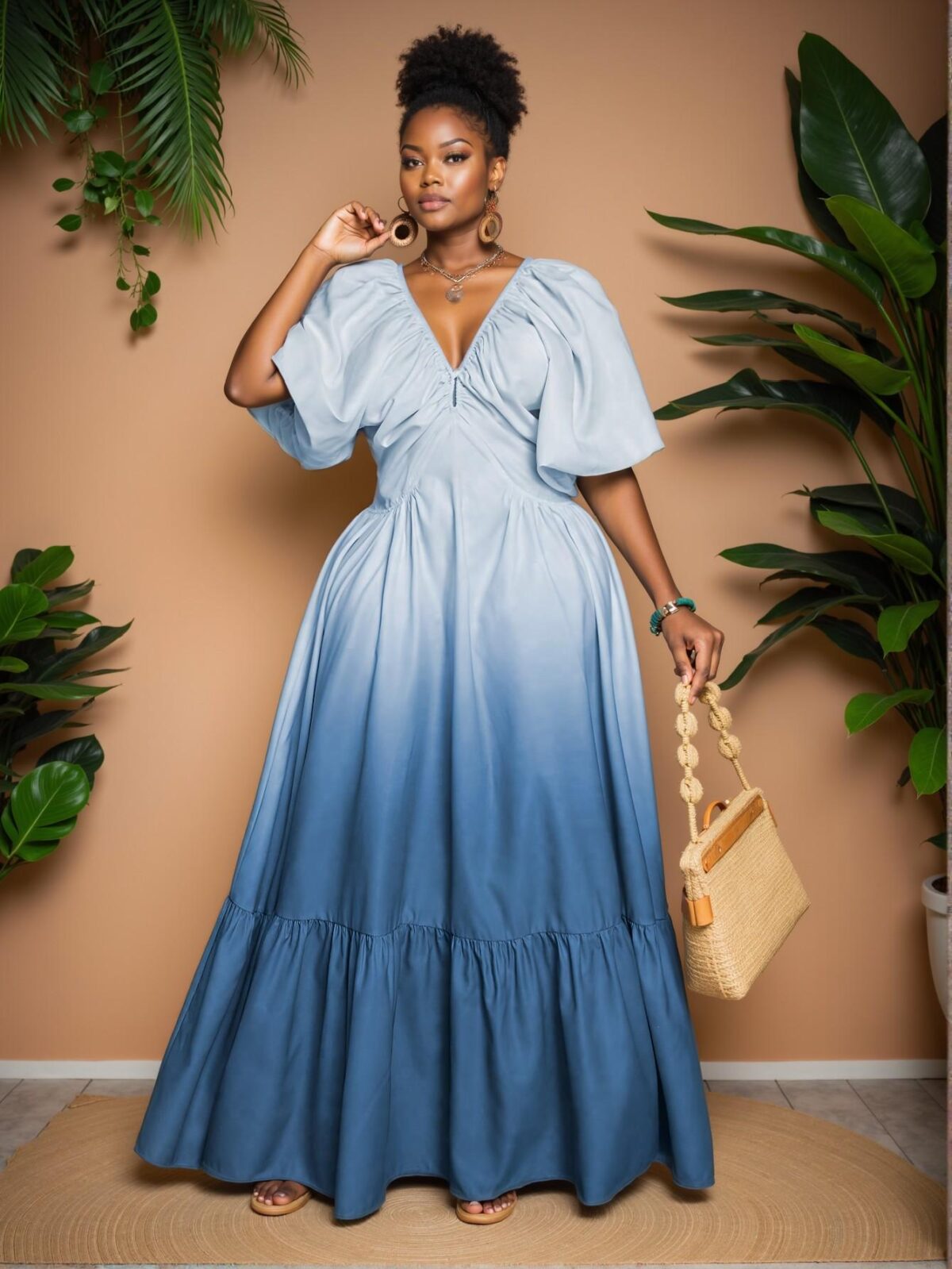 Elegant Multicolor Ombre Deep V Neck Ruched Short Sleeve Dress Chic, Classy and Trendy Fashion Style to Dress to Impress - Image 3