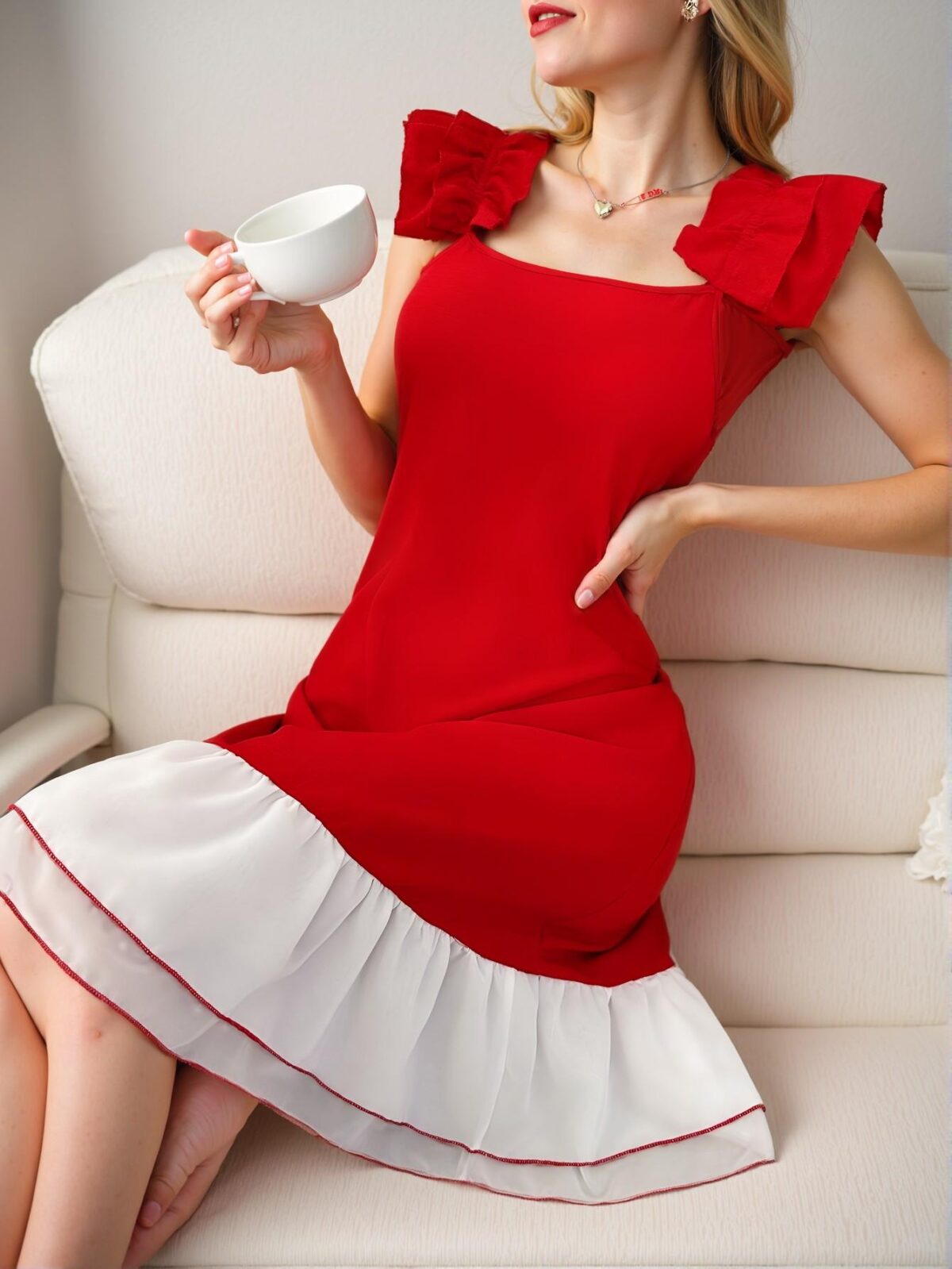 Elegant Red Sleeveless Ruffled Nightgown for Spring and Summer - Chic, Classy, and Trendy Fashion Style to Dress to Impress - Image 5