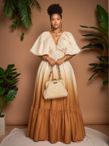 Elegant Multicolor Gradient Deep V-Neck Lantern Sleeve Dress for the Fashion-Forward Woman - Chic, Classy and Trendy Style to Dress to Impress