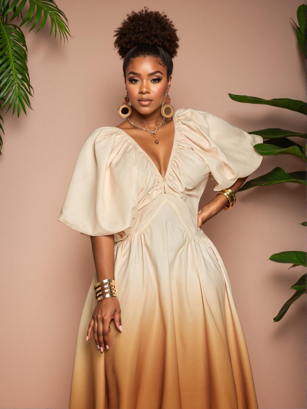 Elegant Multicolor Gradient Deep V-Neck Lantern Sleeve Dress for the Fashion-Forward Woman - Chic, Classy and Trendy Style to Dress to Impress - Image 2