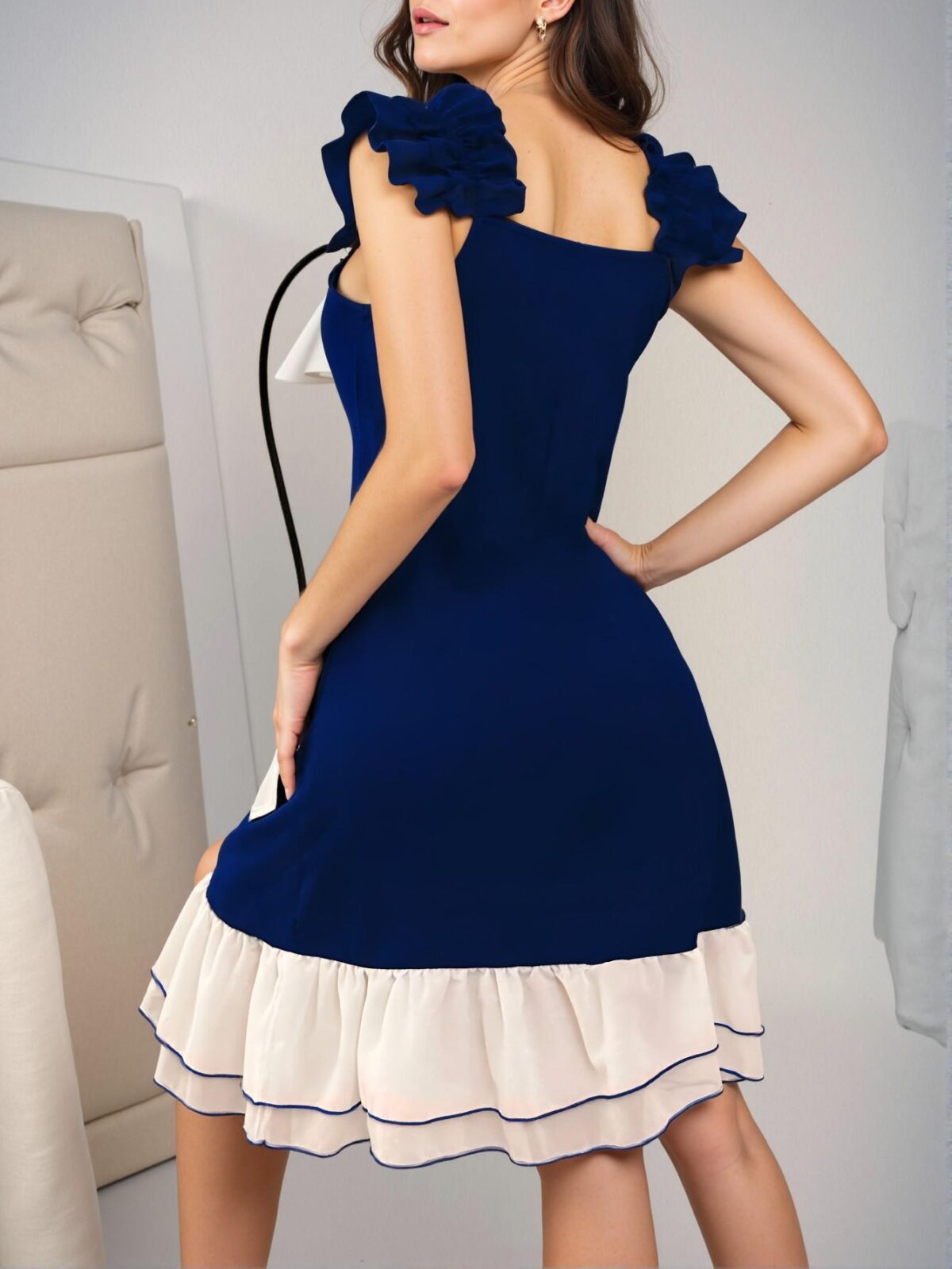 Elegant Royal Blue Ruffle-Trimmed Color-Block Chiffon Nightgown for Women, Perfect for Spring and Summer - Chic, Classy and Trendy Fashion Style to Dress to Impress - Image 2