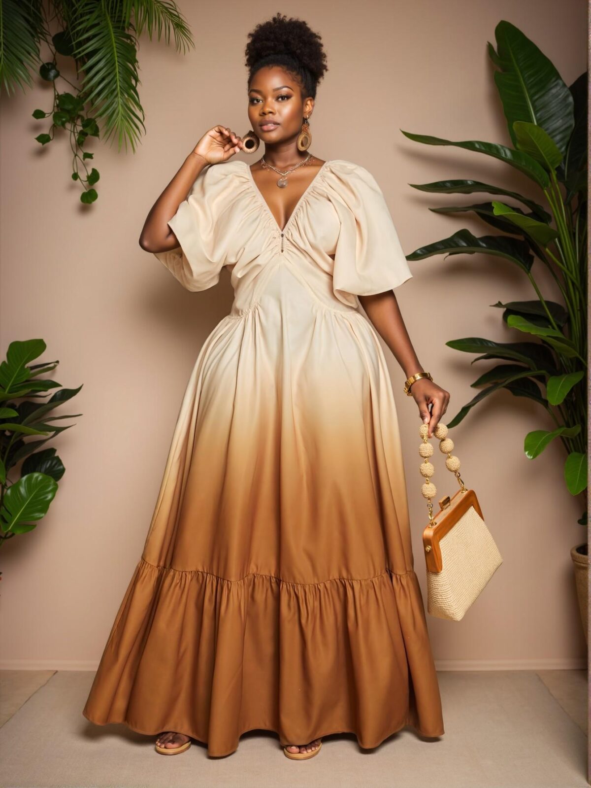 Elegant Multicolor Gradient Deep V-Neck Lantern Sleeve Dress for the Fashion-Forward Woman - Chic, Classy and Trendy Style to Dress to Impress - Image 3