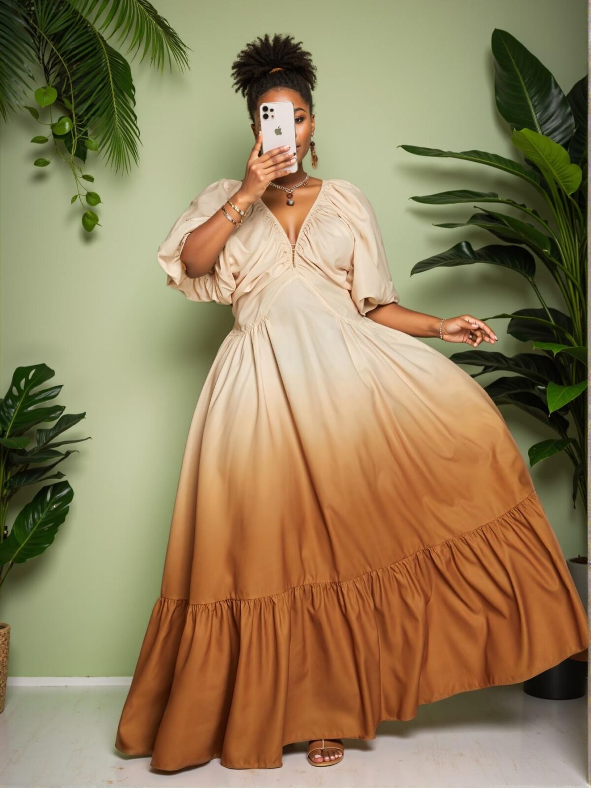 Elegant Multicolor Gradient Deep V-Neck Lantern Sleeve Dress for the Fashion-Forward Woman - Chic, Classy and Trendy Style to Dress to Impress - Image 4