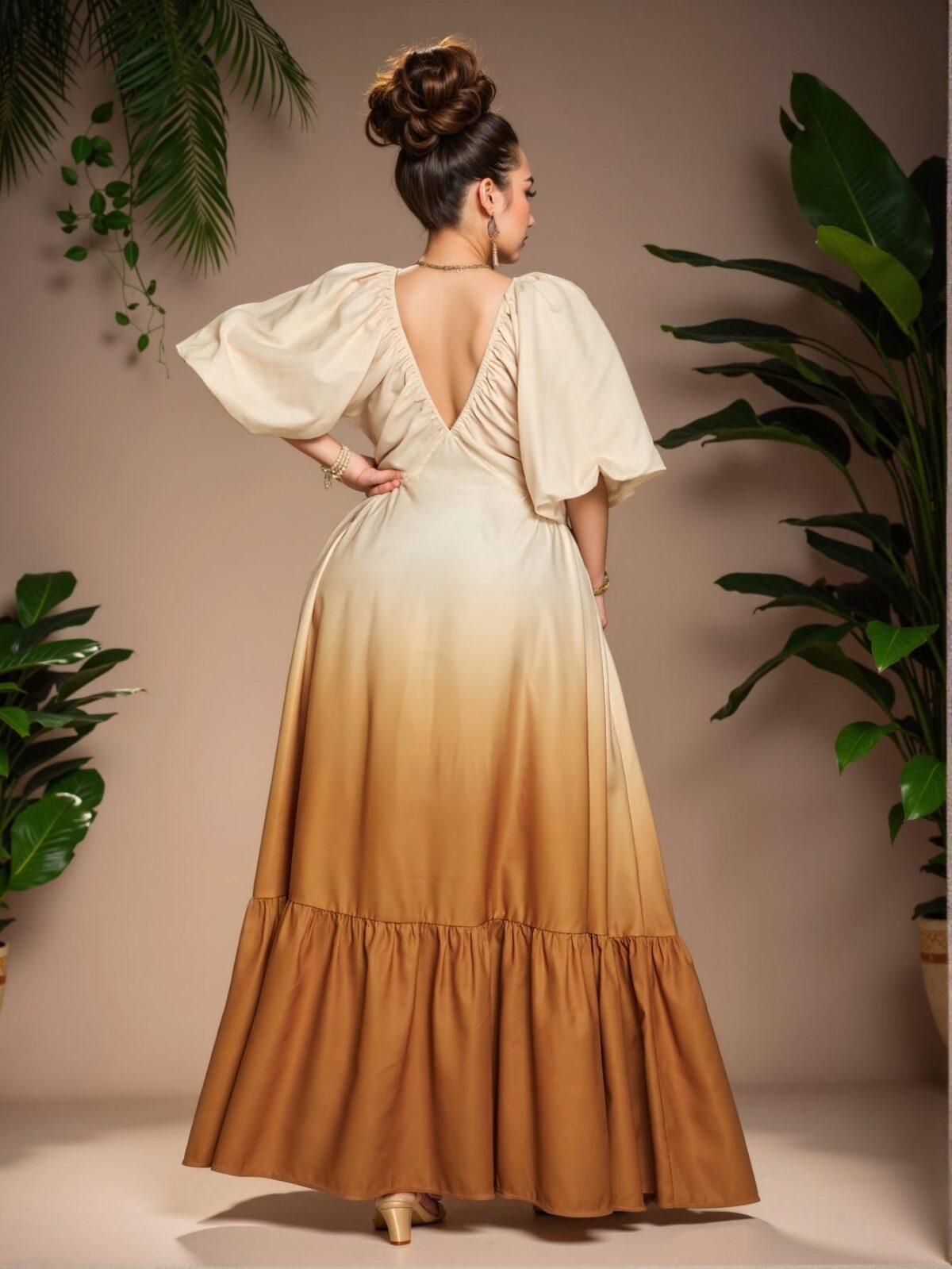 Elegant Multicolor Gradient Deep V-Neck Lantern Sleeve Dress for the Fashion-Forward Woman - Chic, Classy and Trendy Style to Dress to Impress - Image 5