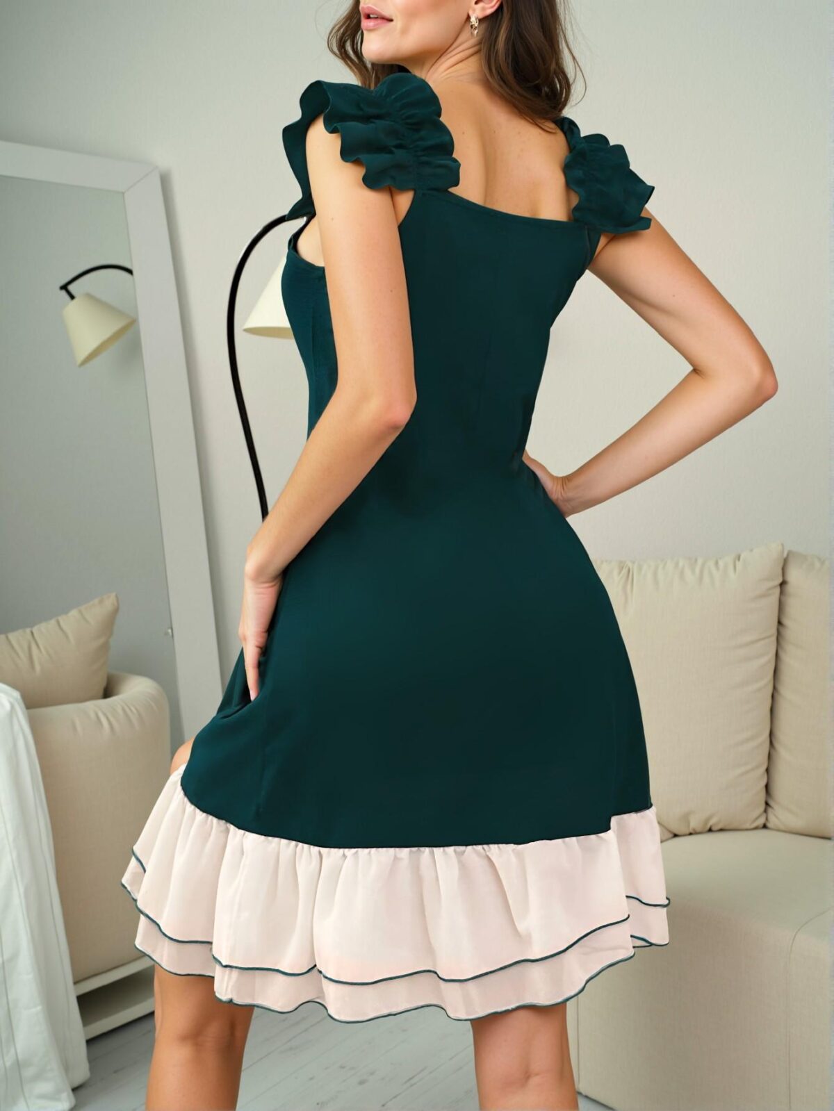 Elegant Dark Green Ruffle Hem Strap Nightgown for Spring and Summer - Chic, Classy and Trendy Fashion Style to Dress to Impress - Image 2