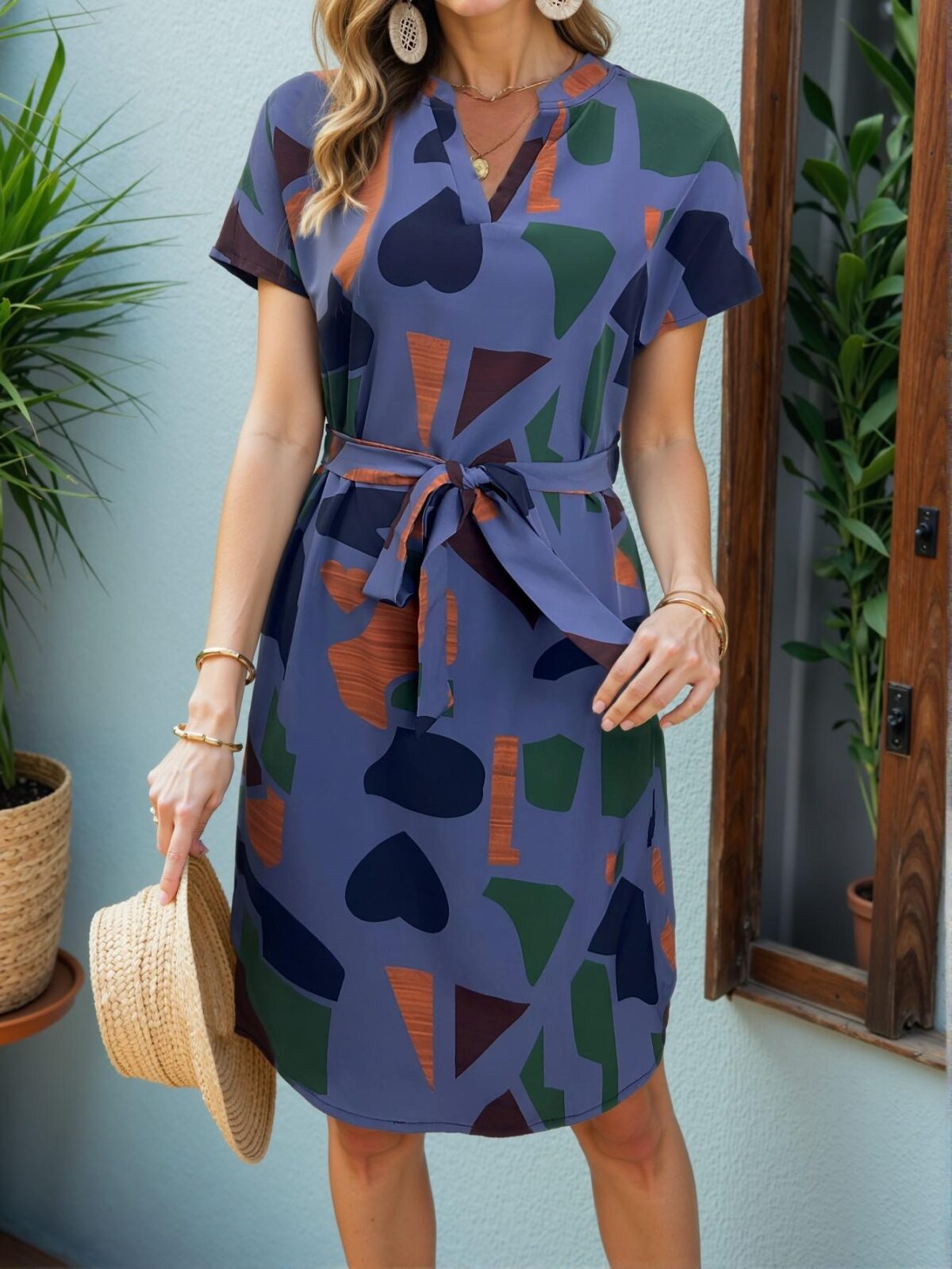 Elegant Blue Stylish Casual Midi Dress with Geometric Print and V-Neck Design for Spring and Summer – Chic, Classy and Trendy Fashion Style to Dress to Impress - Image 3
