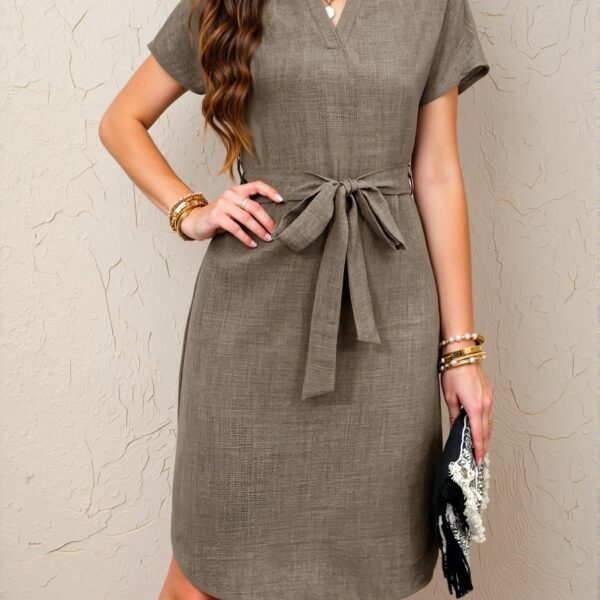 Elegant Khaki A-Line Waist-Belted Casual Dress Perfect for Spring and Summer Chic, Classy and Trendy Fashion Style to Dress to Impress