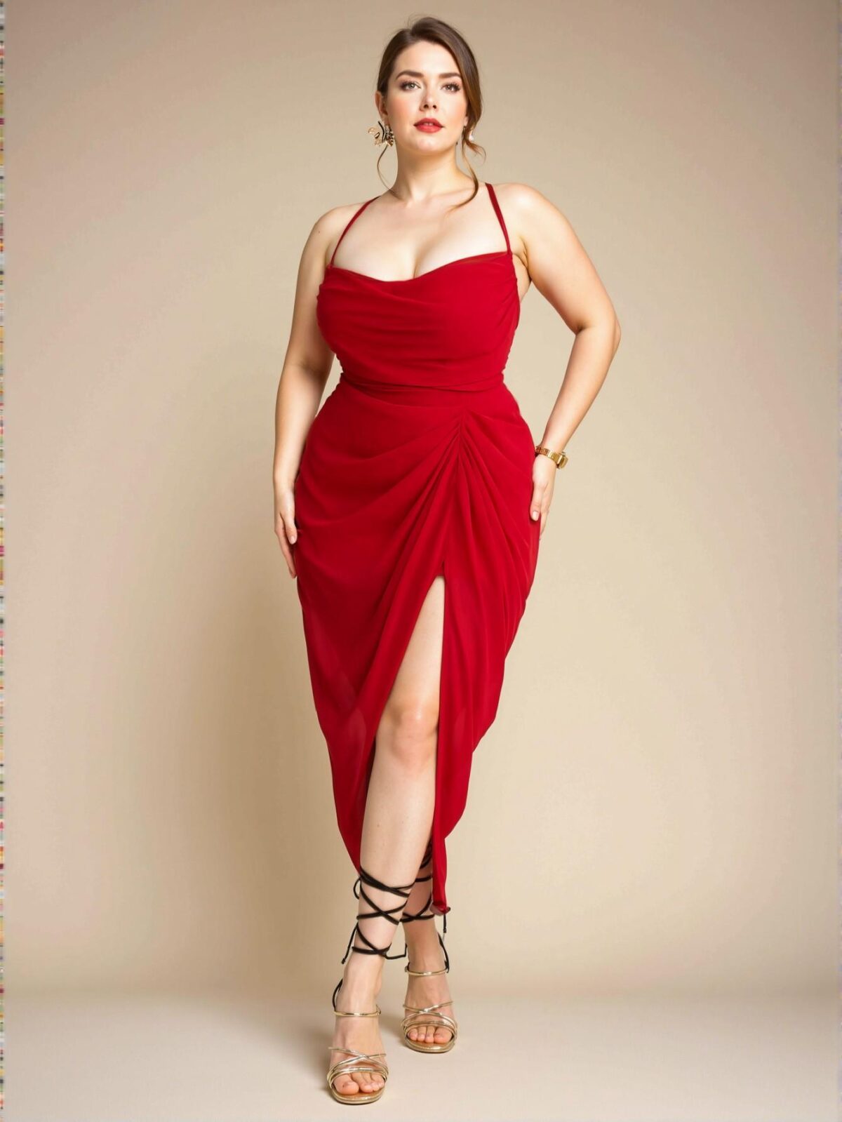 Elegant Red Flowing Chiffon Dress with High Split and Draped Details for Graduations and Birthdays - Chic, Classy and Trendy Fashion Style to Dress to Impress - Image 2
