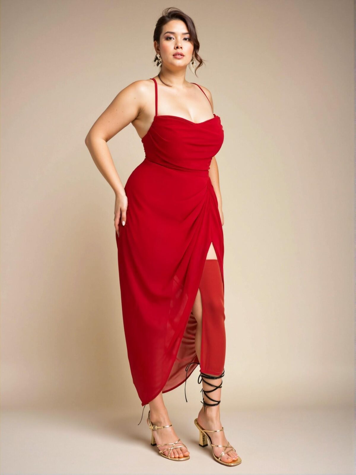 Elegant Red Flowing Chiffon Dress with High Split and Draped Details for Graduations and Birthdays - Chic, Classy and Trendy Fashion Style to Dress to Impress - Image 3
