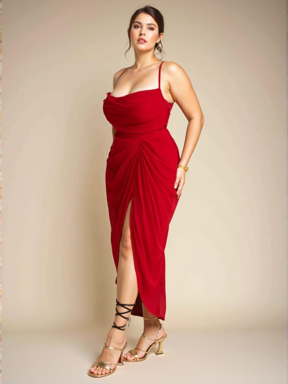 Elegant Red Flowing Chiffon Dress with High Split and Draped Details for Graduations and Birthdays - Chic, Classy and Trendy Fashion Style to Dress to Impress - Image 5