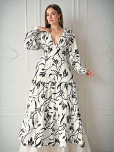 Elegant Apricot Floral Print Puff Sleeve Maxi Dress for Vacations – Chic, Classy and Trendy Fashion Style to Dress to Impress