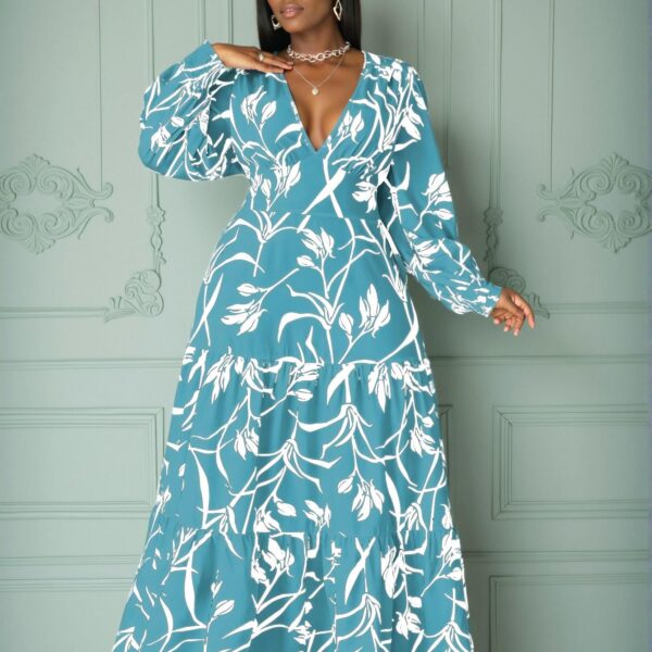 Elegant Blue Bohemian Puff Sleeve Floral Print Maxi Dress for Vacation Chic, Classy and Trendy Fashion Style to Dress to Impress