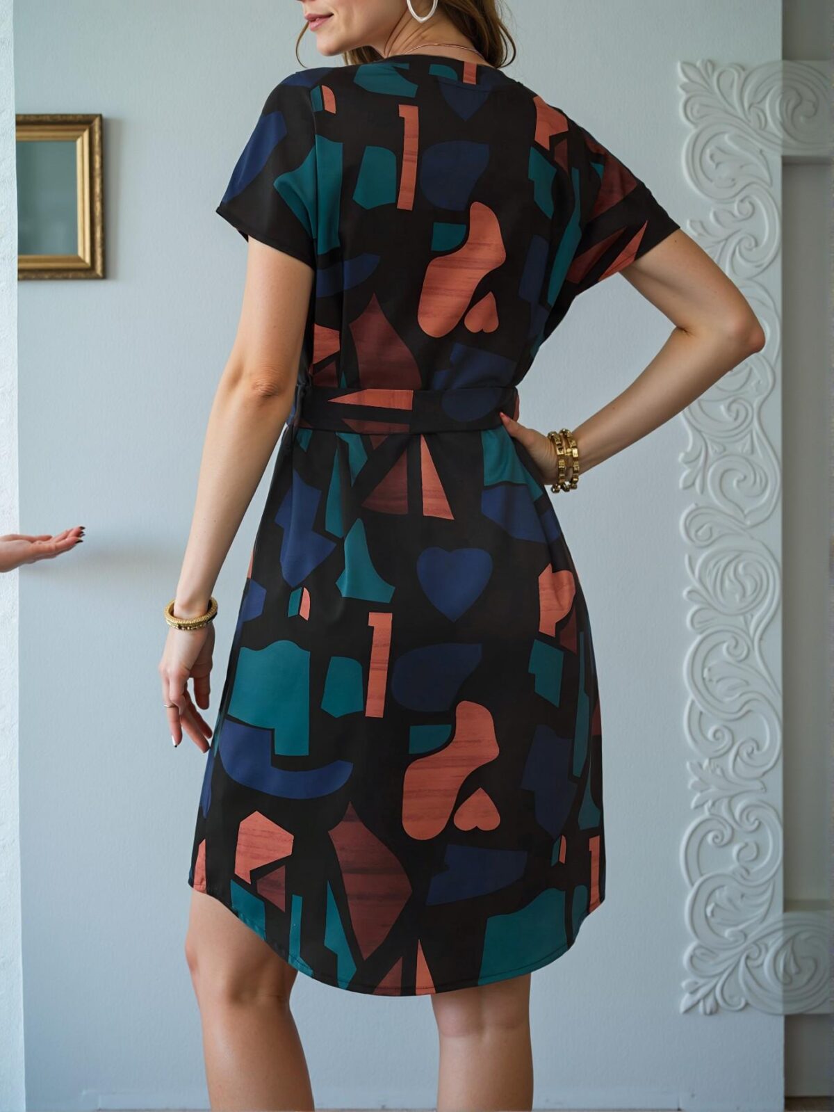 Elegant Multicolor Stylish V-Neck Geometric Print Casual Dress for Spring and Summer - Chic, Classy and Trendy Fashion Style to Dress to Impress - Image 2