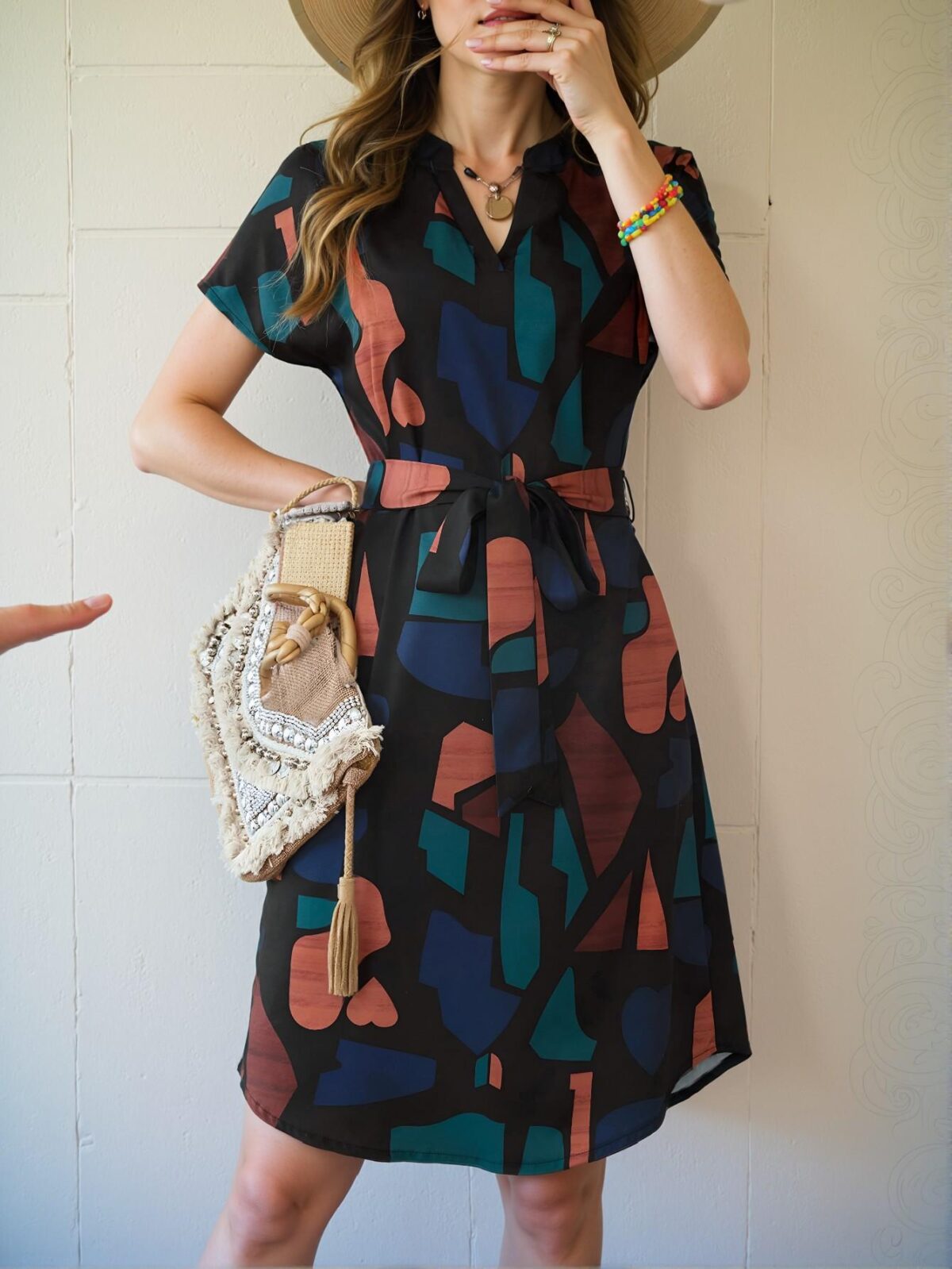 Elegant Multicolor Stylish V-Neck Geometric Print Casual Dress for Spring and Summer - Chic, Classy and Trendy Fashion Style to Dress to Impress - Image 3