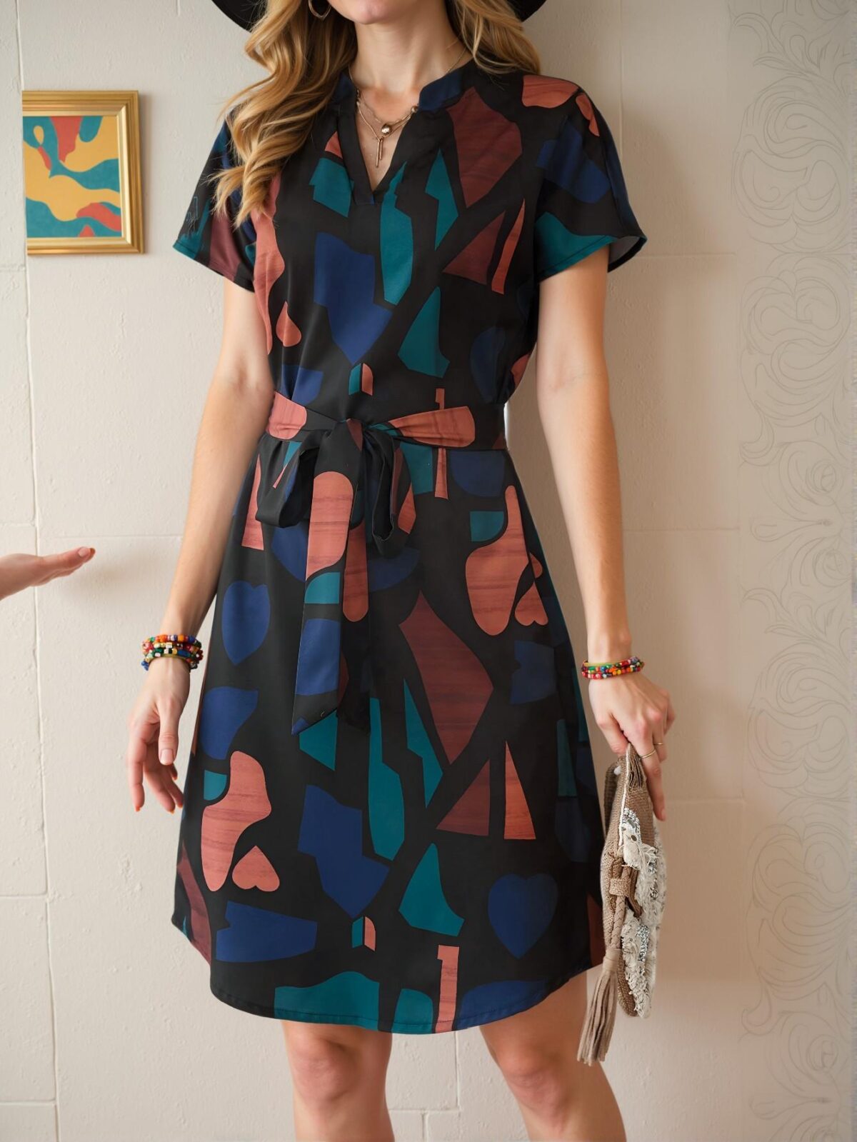 Elegant Multicolor Stylish V-Neck Geometric Print Casual Dress for Spring and Summer - Chic, Classy and Trendy Fashion Style to Dress to Impress - Image 4