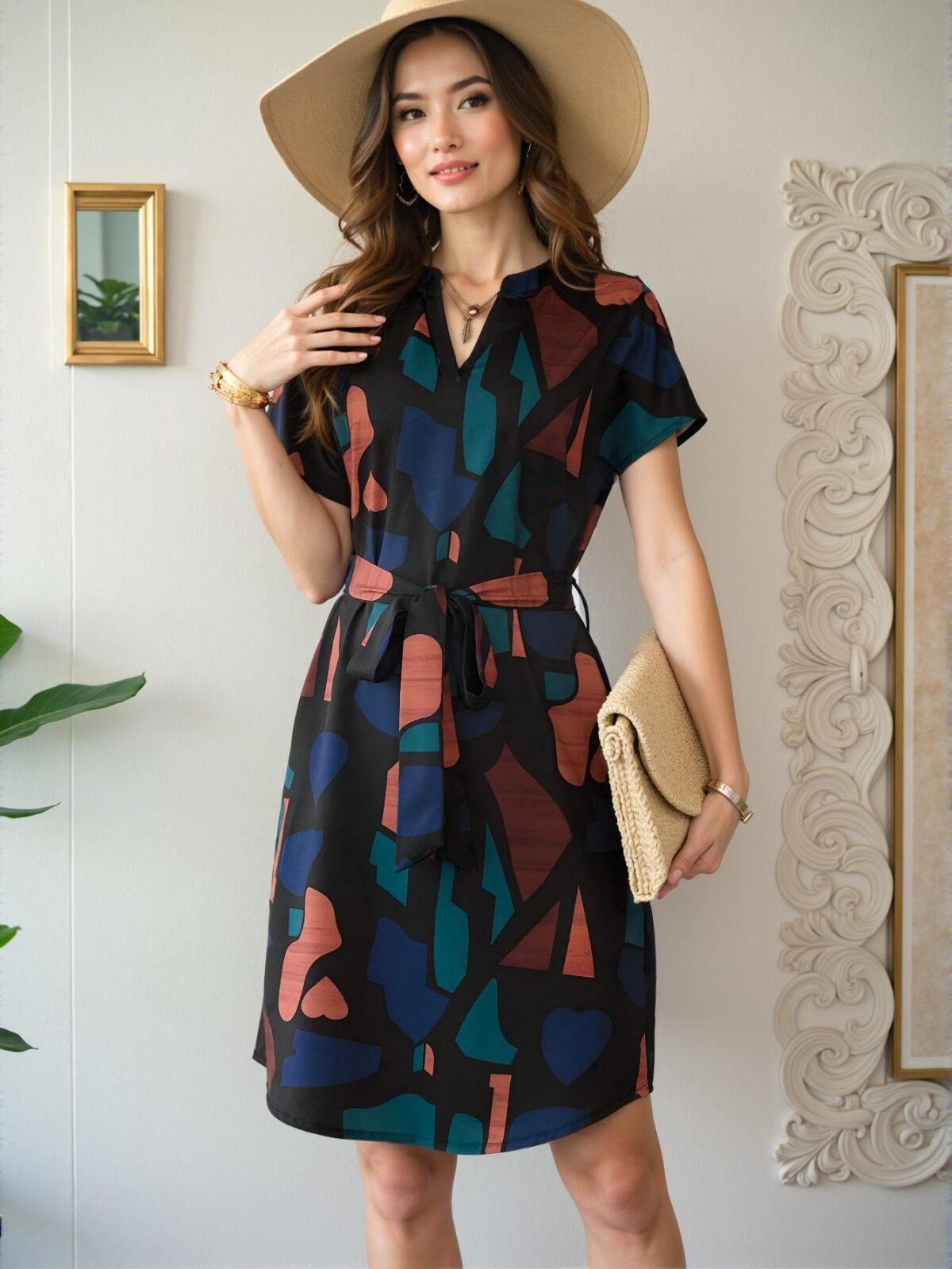 Elegant Multicolor Stylish V-Neck Geometric Print Casual Dress for Spring and Summer - Chic, Classy and Trendy Fashion Style to Dress to Impress - Image 5