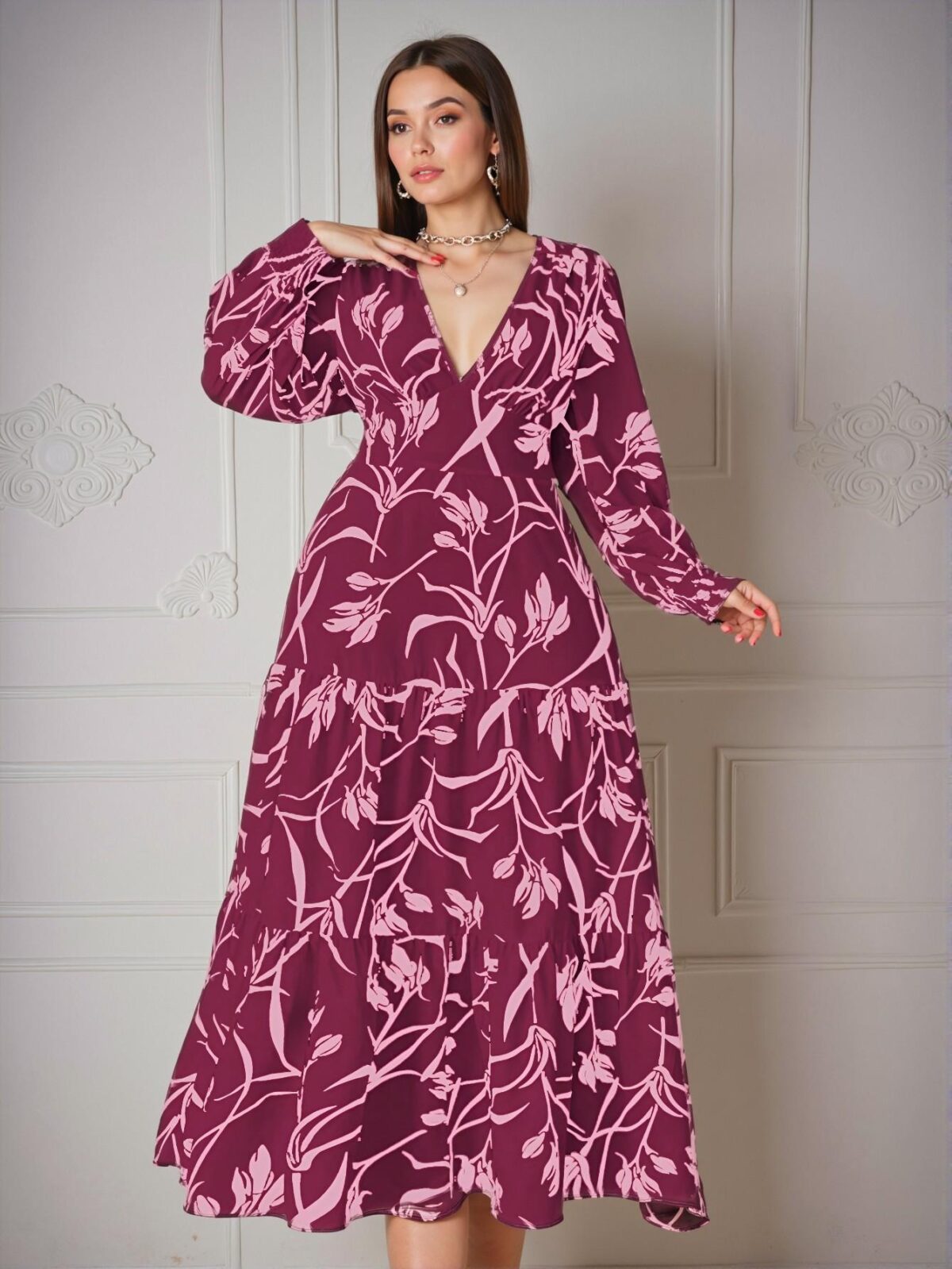 Elegant Hot Pink Floral Print Deep V Neck Maxi Dress with Puff Sleeves and Ruffled Hem: Chic, Classy, and Trendy Fashion Style to Dress to Impress