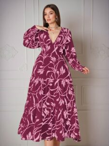 Elegant Hot Pink Floral Print Deep V Neck Maxi Dress with Puff Sleeves and Ruffled Hem: Chic, Classy, and Trendy Fashion Style to Dress to Impress