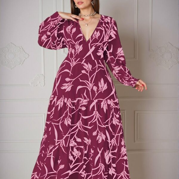 Elegant Hot Pink Floral Print Deep V Neck Maxi Dress with Puff Sleeves and Ruffled Hem: Chic, Classy, and Trendy Fashion Style to Dress to Impress