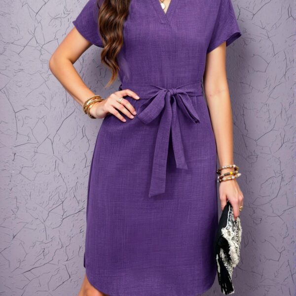 Elegant Purple A-Line Waist Belted Dress for Summer Business Casual Style "Chic, Classy and Trendy Fashion to Dress to Impress"