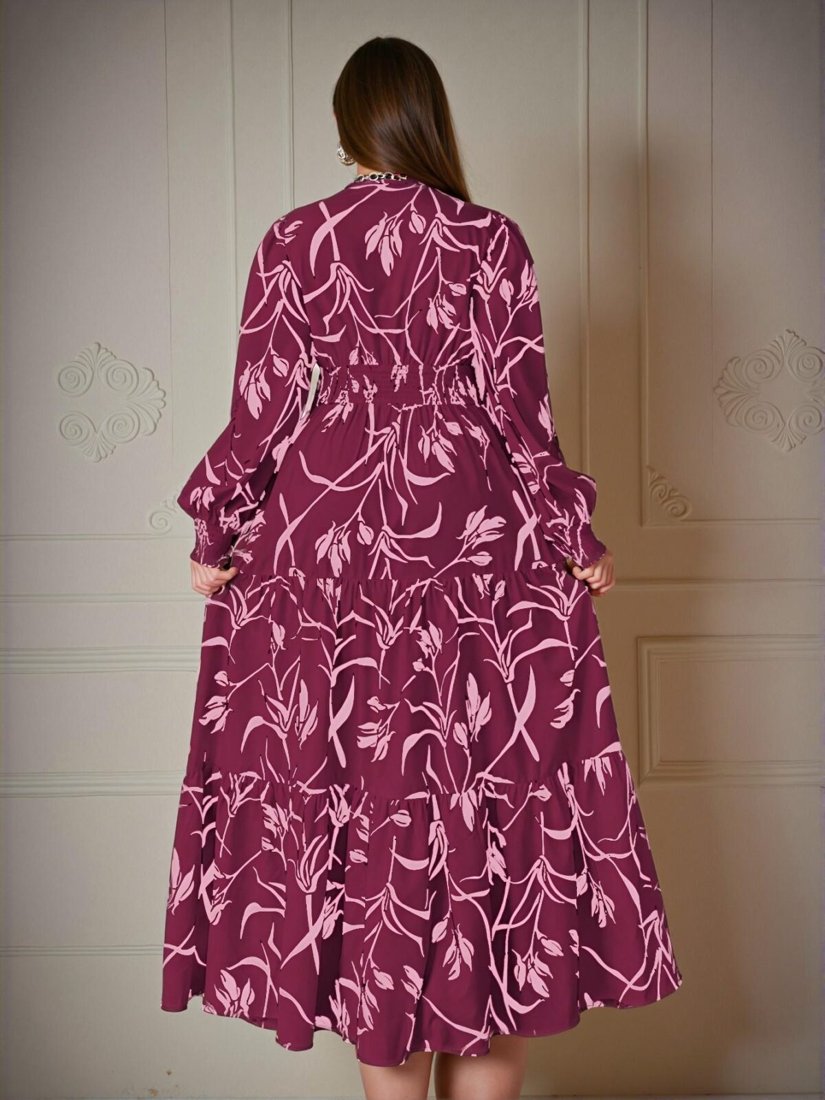Elegant Hot Pink Floral Print Deep V Neck Maxi Dress with Puff Sleeves and Ruffled Hem: Chic, Classy, and Trendy Fashion Style to Dress to Impress - Image 2
