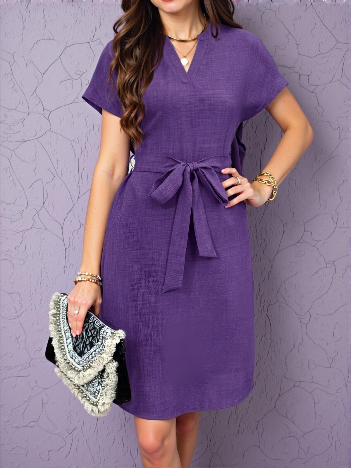 Elegant Purple A-Line Waist Belted Dress for Summer Business Casual Style "Chic, Classy and Trendy Fashion to Dress to Impress" - Image 3