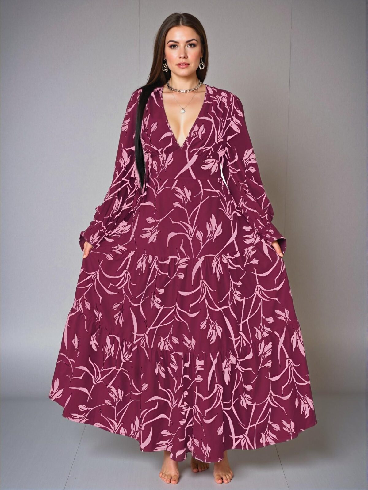 Elegant Hot Pink Floral Print Deep V Neck Maxi Dress with Puff Sleeves and Ruffled Hem: Chic, Classy, and Trendy Fashion Style to Dress to Impress - Image 4
