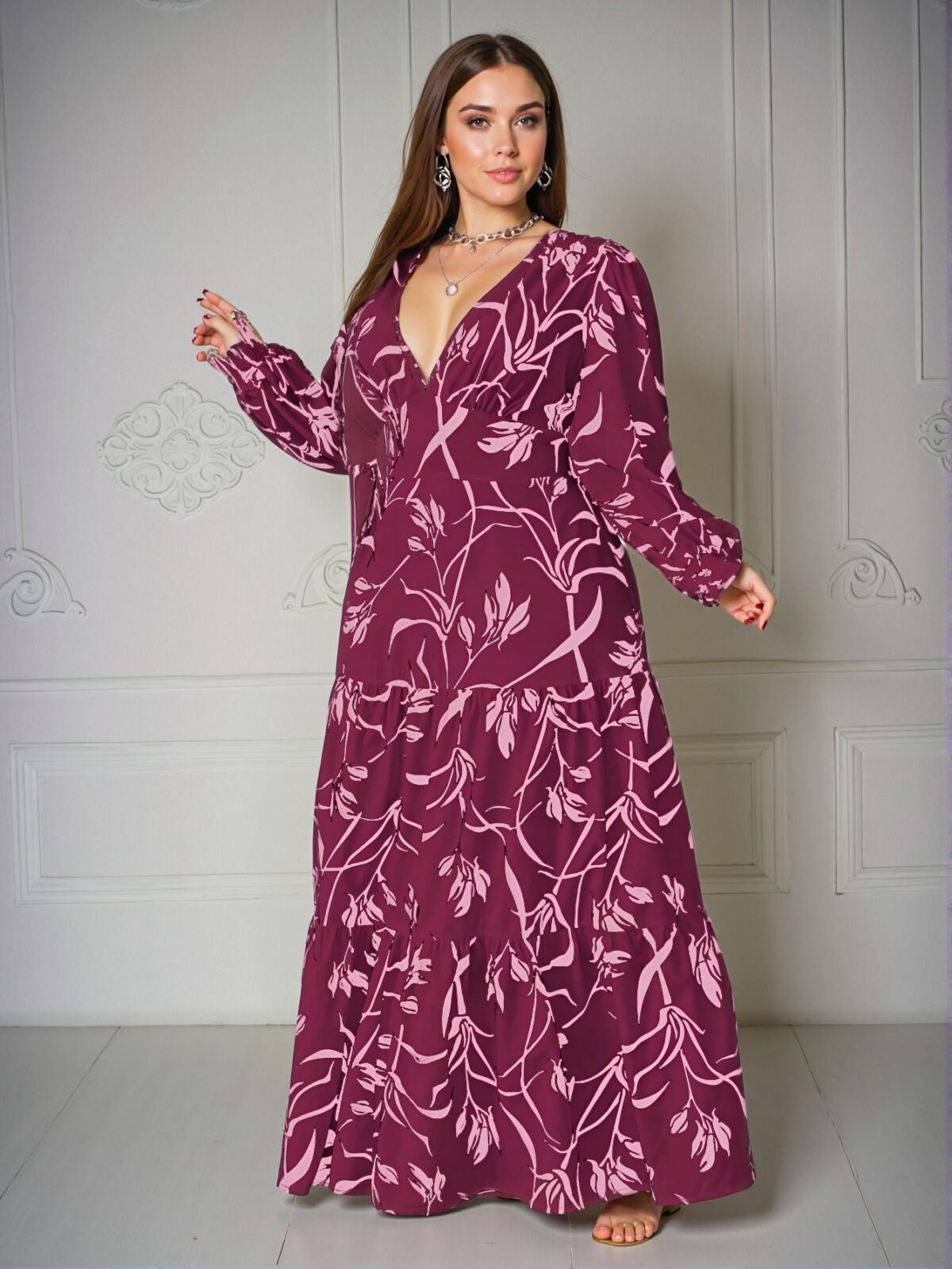 Elegant Hot Pink Floral Print Deep V Neck Maxi Dress with Puff Sleeves and Ruffled Hem: Chic, Classy, and Trendy Fashion Style to Dress to Impress - Image 5