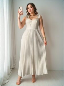 Elegant Apricot Romantic Sleeveless Tie-Front Pleated Midi Dress for Vacation - Chic, Classy and Trendy Fashion Style to Dress to Impress