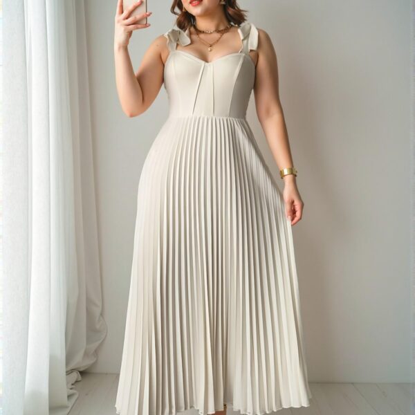 Elegant Apricot Romantic Sleeveless Tie-Front Pleated Midi Dress for Vacation - Chic, Classy and Trendy Fashion Style to Dress to Impress