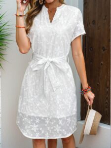 Elegant White A Stylish Casual Floral Embroidery Notched Neck Mid-Length Dress Perfect for Spring and Summer - Chic, Classy and Trendy Fashion Style to Dress to Impress