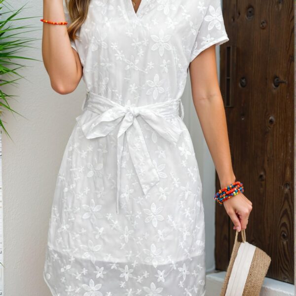 Elegant White A Stylish Casual Floral Embroidery Notched Neck Mid-Length Dress Perfect for Spring and Summer - Chic, Classy and Trendy Fashion Style to Dress to Impress
