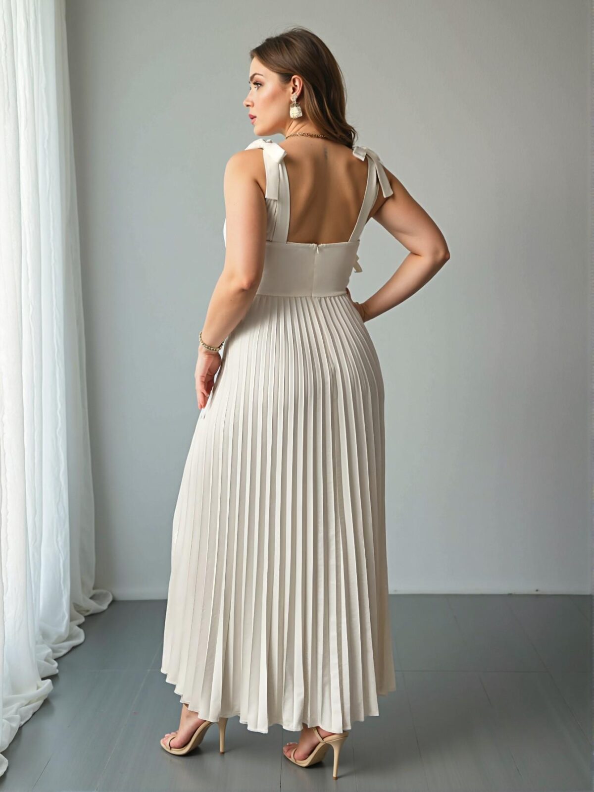 Elegant Apricot Romantic Sleeveless Tie-Front Pleated Midi Dress for Vacation - Chic, Classy and Trendy Fashion Style to Dress to Impress - Image 2