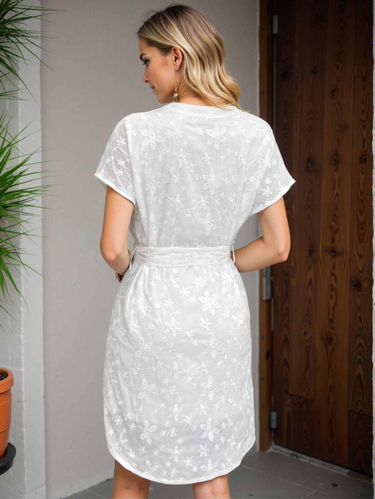Elegant White A Stylish Casual Floral Embroidery Notched Neck Mid-Length Dress Perfect for Spring and Summer - Chic, Classy and Trendy Fashion Style to Dress to Impress - Image 2