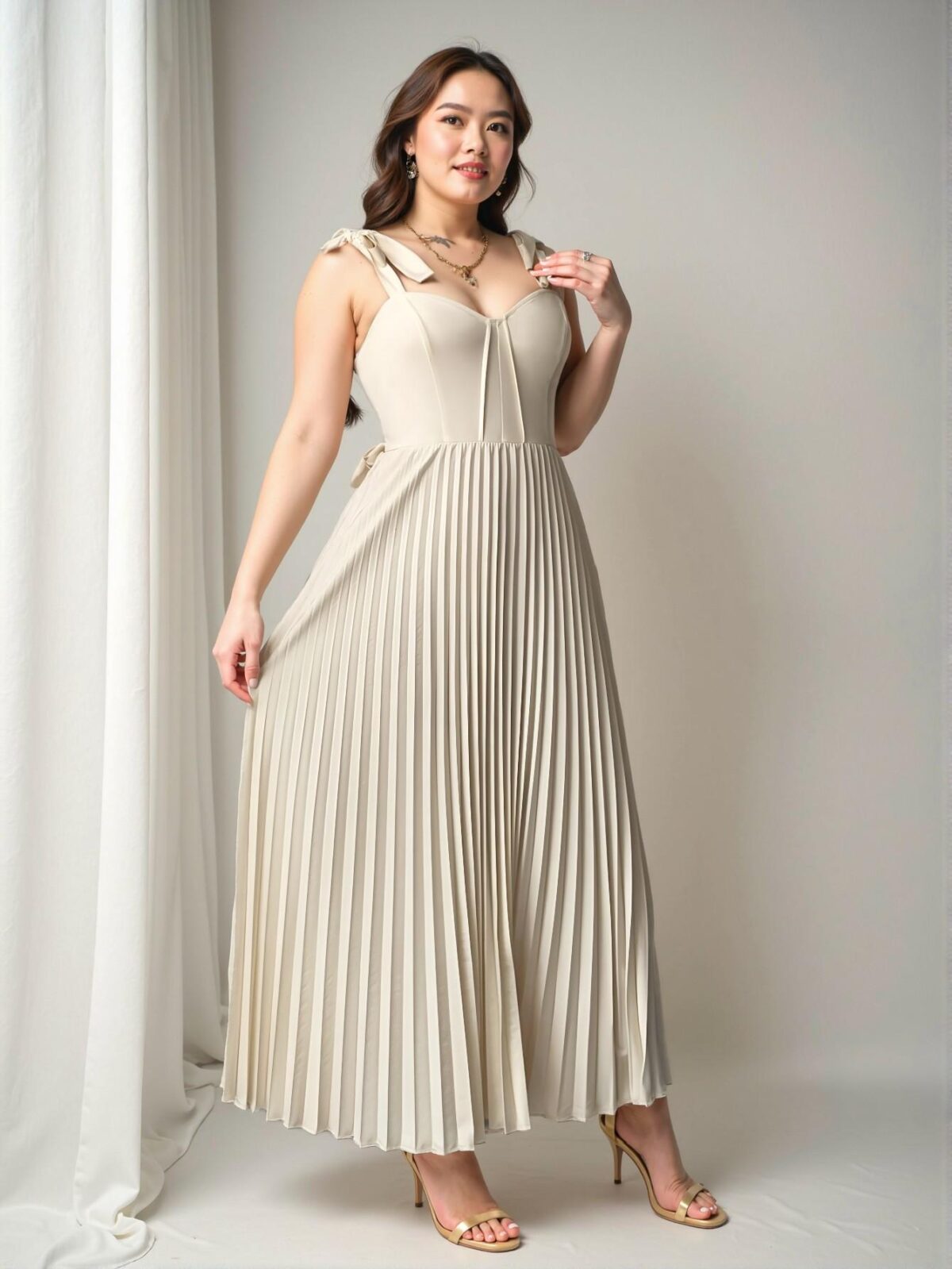 Elegant Apricot Romantic Sleeveless Tie-Front Pleated Midi Dress for Vacation - Chic, Classy and Trendy Fashion Style to Dress to Impress - Image 4