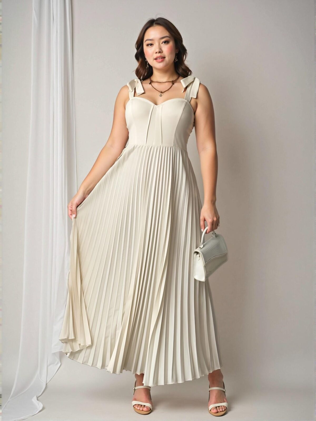 Elegant Apricot Romantic Sleeveless Tie-Front Pleated Midi Dress for Vacation - Chic, Classy and Trendy Fashion Style to Dress to Impress - Image 5
