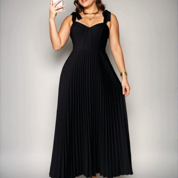 Elegant Black Romantic High Waist A-Line Dress with Tie-Front and Pleats - Chic, Classy and Trendy Fashion Style to Dress to Impress