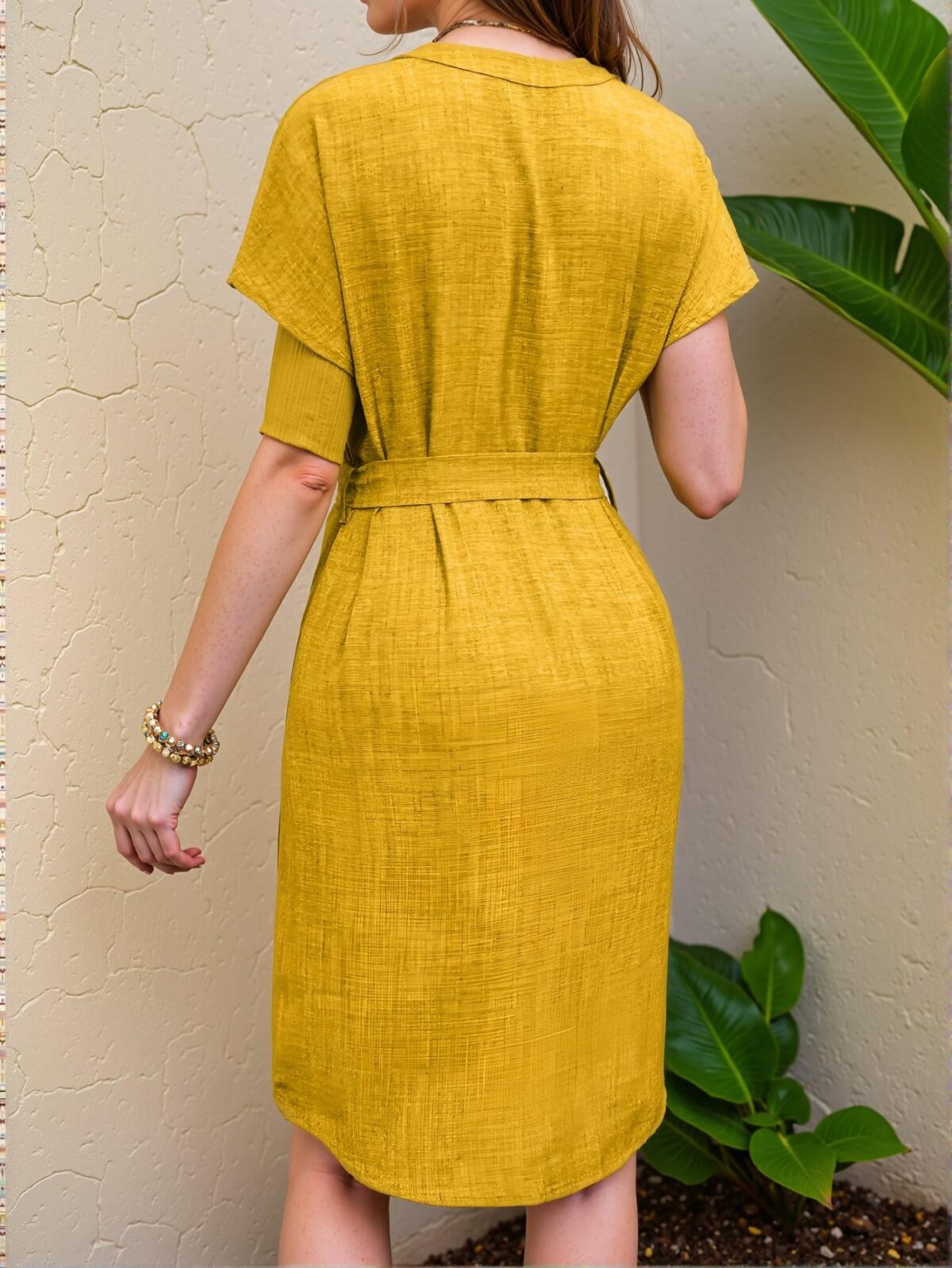 Elegant Yellow A-Line Belted Casual Dress for Spring and Summer - Chic, Classy and Trendy Fashion Style to Dress to Impress - Image 2