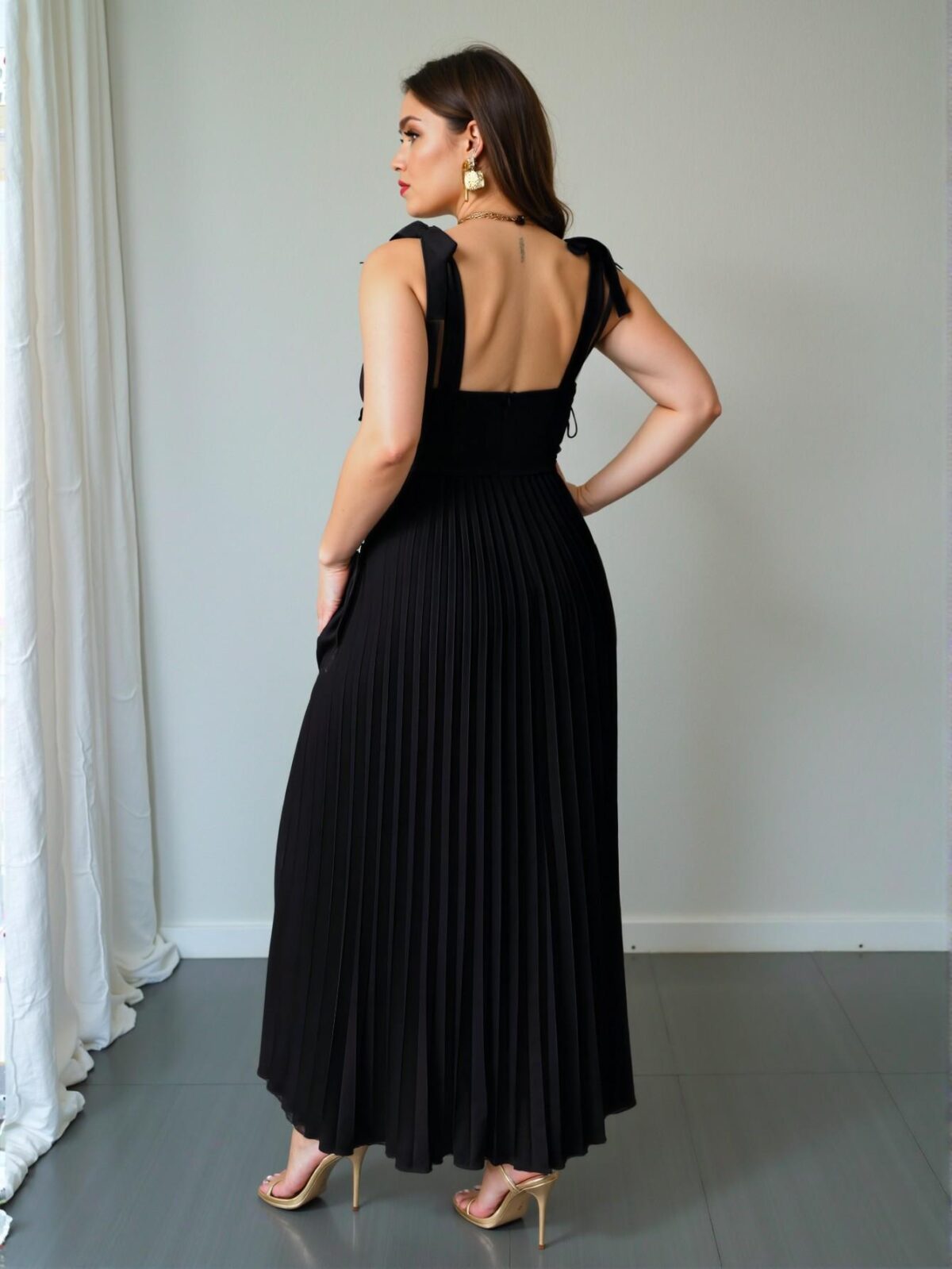 Elegant Black Romantic High Waist A-Line Dress with Tie-Front and Pleats - Chic, Classy and Trendy Fashion Style to Dress to Impress - Image 2