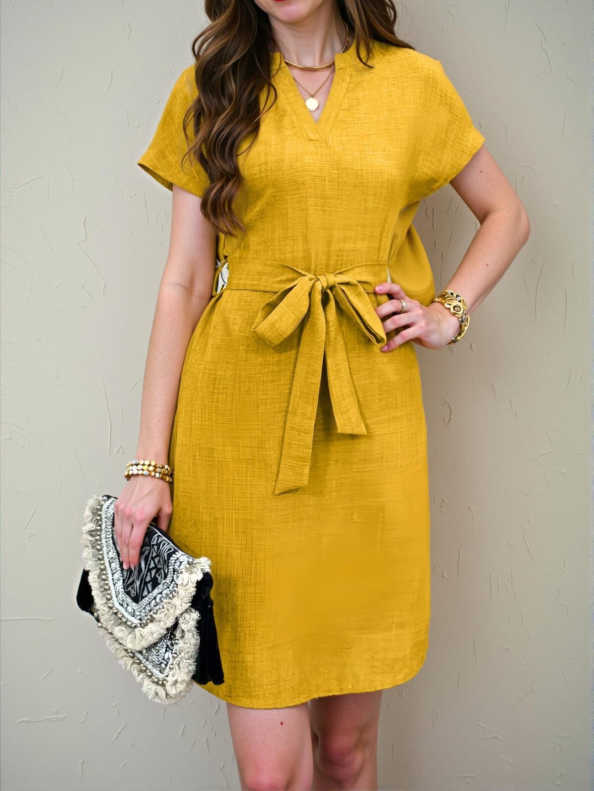 Elegant Yellow A-Line Belted Casual Dress for Spring and Summer - Chic, Classy and Trendy Fashion Style to Dress to Impress - Image 3
