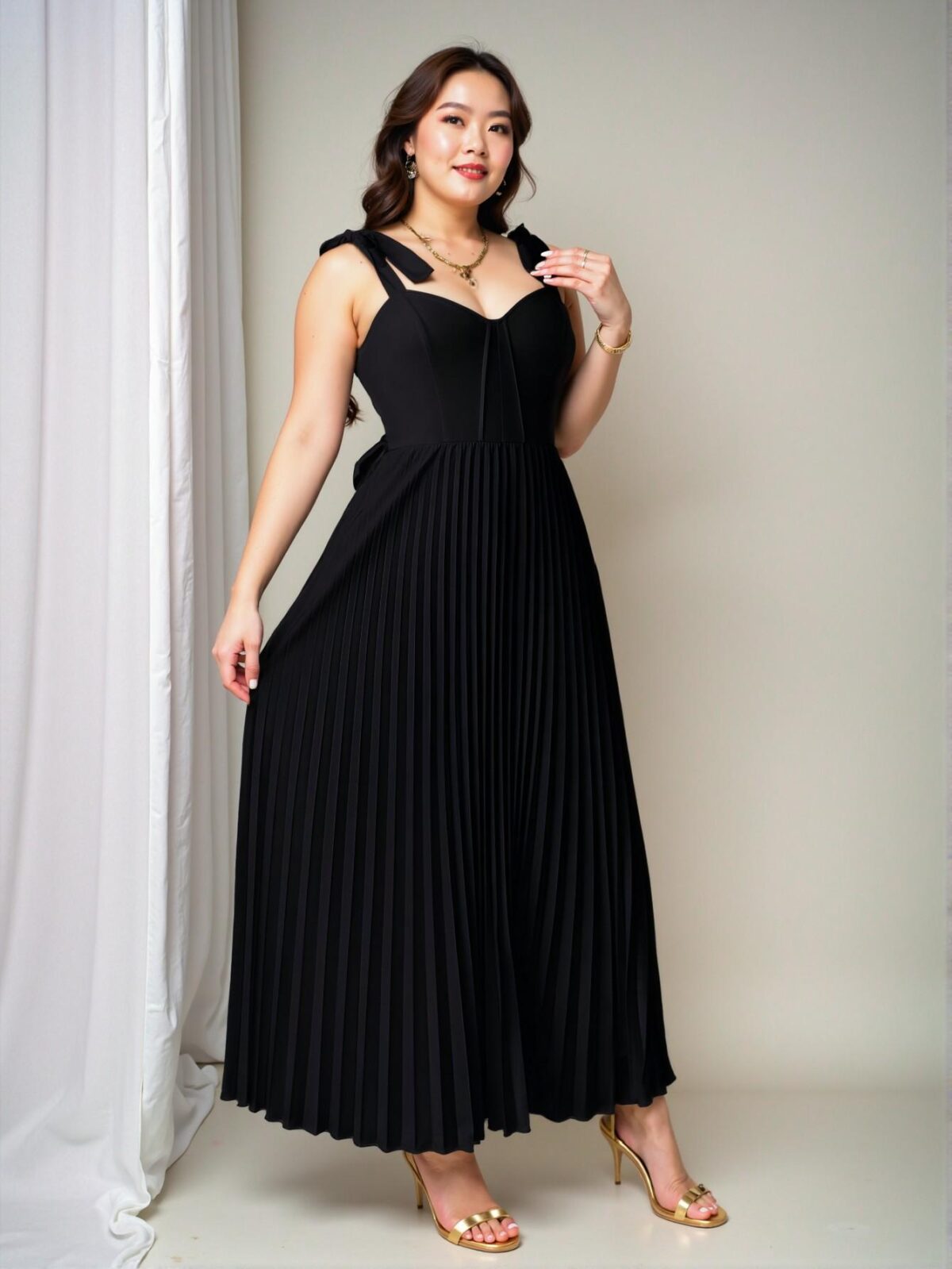 Elegant Black Romantic High Waist A-Line Dress with Tie-Front and Pleats - Chic, Classy and Trendy Fashion Style to Dress to Impress - Image 4