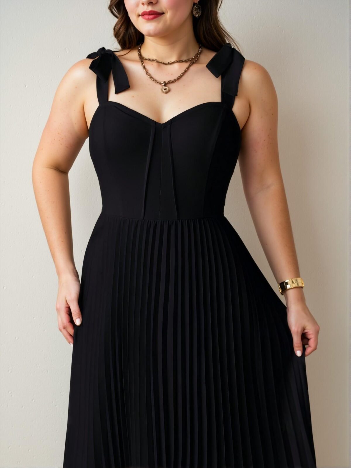 Elegant Black Romantic High Waist A-Line Dress with Tie-Front and Pleats - Chic, Classy and Trendy Fashion Style to Dress to Impress - Image 5