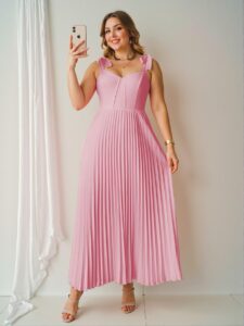 Elegant Pink Romantic Midi Dress with Tied Waist and Pleated Design for a Stylish Vacation Look - Chic, Classy and Trendy Fashion Style to Dress to Impress