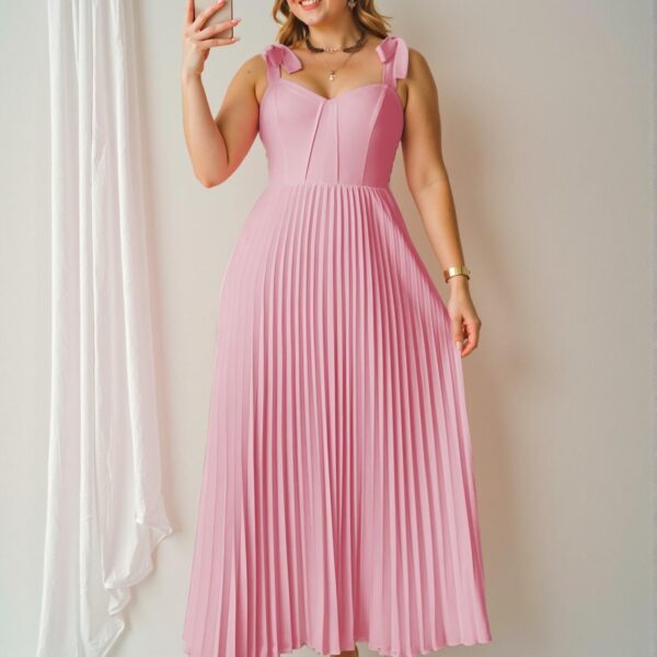 Elegant Pink Romantic Midi Dress with Tied Waist and Pleated Design for a Stylish Vacation Look - Chic, Classy and Trendy Fashion Style to Dress to Impress