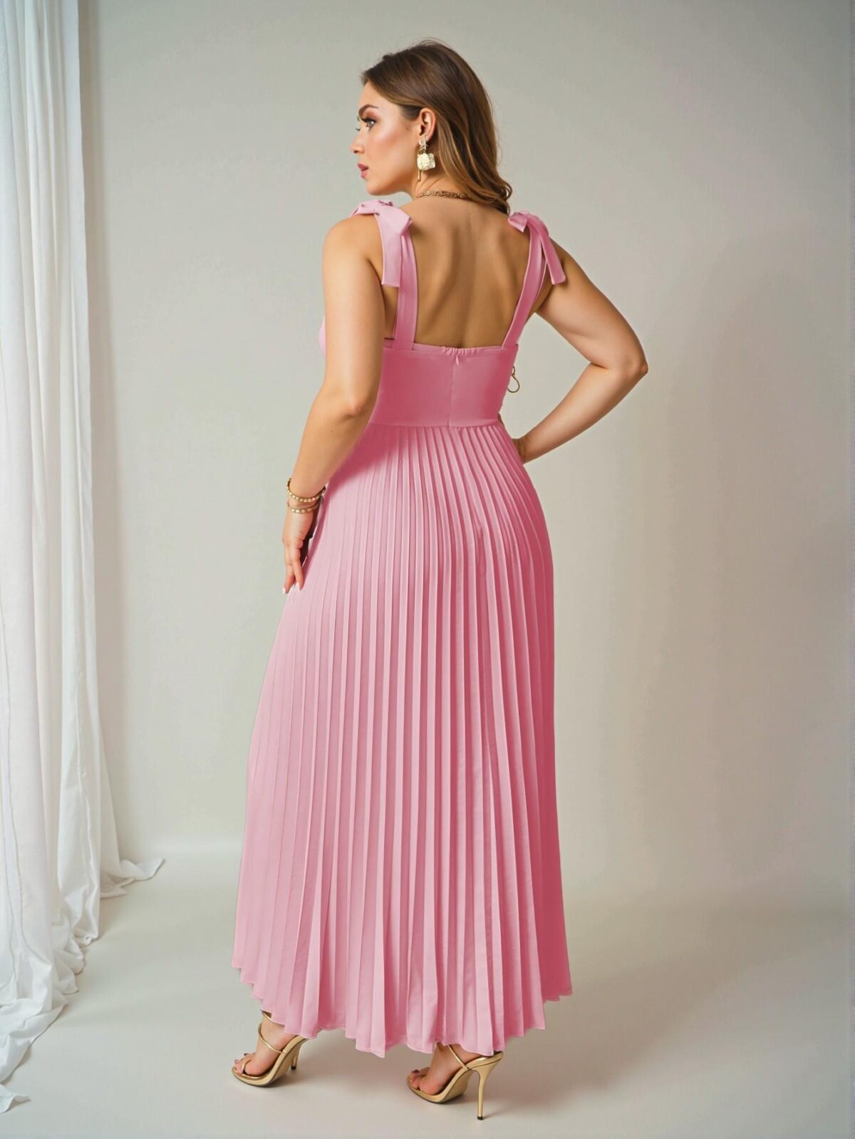 Elegant Pink Romantic Midi Dress with Tied Waist and Pleated Design for a Stylish Vacation Look - Chic, Classy and Trendy Fashion Style to Dress to Impress - Image 2
