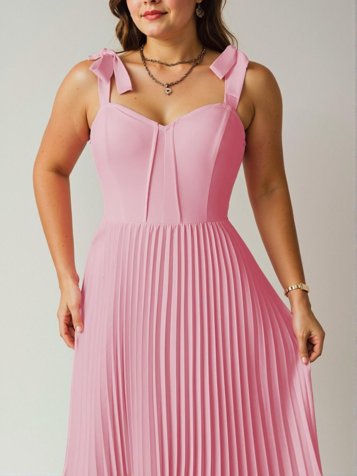 Elegant Pink Romantic Midi Dress with Tied Waist and Pleated Design for a Stylish Vacation Look - Chic, Classy and Trendy Fashion Style to Dress to Impress - Image 3