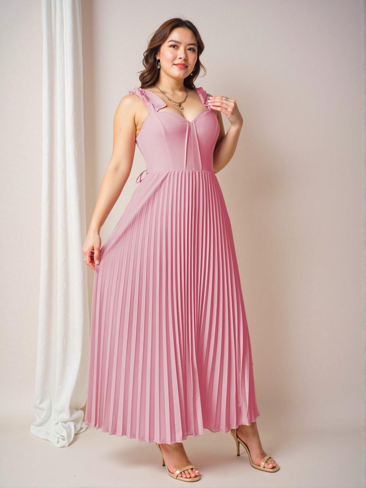 Elegant Pink Romantic Midi Dress with Tied Waist and Pleated Design for a Stylish Vacation Look - Chic, Classy and Trendy Fashion Style to Dress to Impress - Image 4