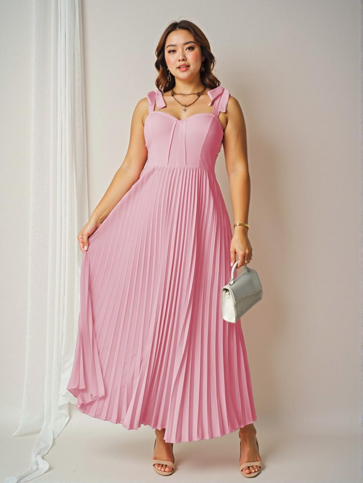 Elegant Pink Romantic Midi Dress with Tied Waist and Pleated Design for a Stylish Vacation Look - Chic, Classy and Trendy Fashion Style to Dress to Impress - Image 5