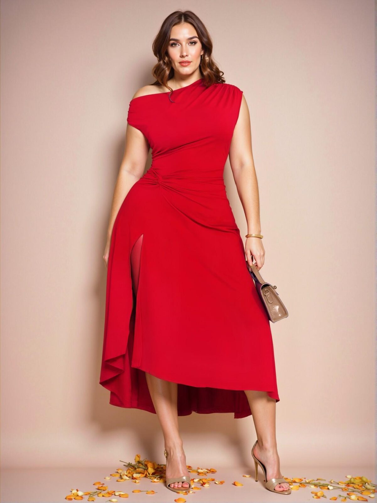 Elegant Red Chic Plus Size Asymmetrical Twist Neck Dress for Spring and Summer Events - A Stylish Choice for Easter, Carnival, and Back to School - Chic, Classy and Trendy Fashion Style to Dress to Impress